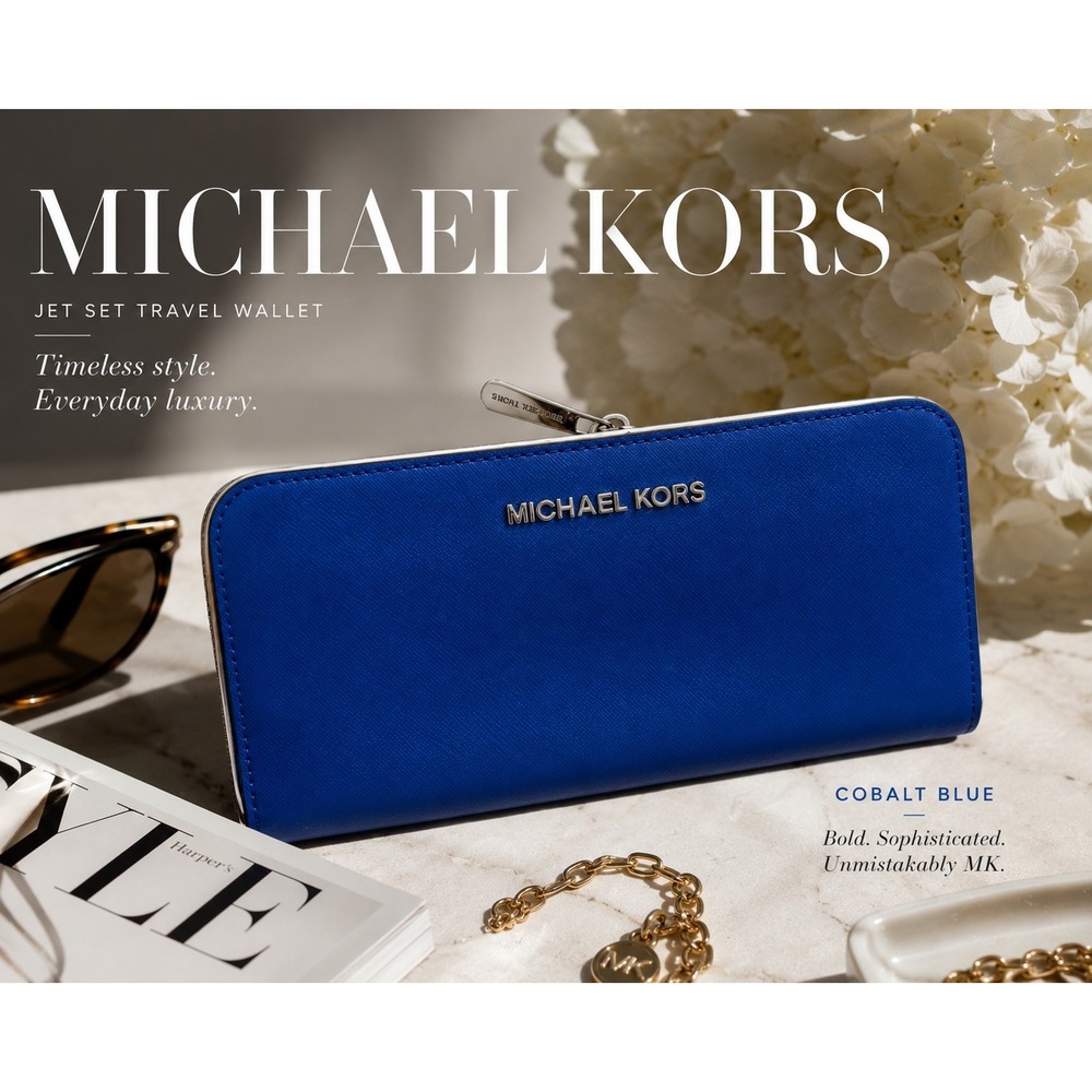 Michael Kors Jet Set Travel Large Zip Around Wallet Cobalt Blue Saffiano Leather